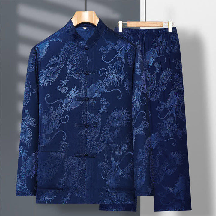 Buddha Stones 2-teiliger Tang-Anzug mit Drachen- und Frosch-Knopfleiste, langärmeliges Hemd und Hose, Bekleidungsset für Herren - SteelBlue - US/ UK/AU42, EU52 (3XL) - image 0