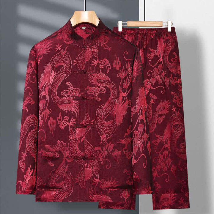 Buddha Stones 2-teiliger Tang-Anzug mit Drachen- und Frosch-Knopfleiste, langärmeliges Hemd und Hose, Bekleidungsset für Herren - Feuerfestziegel - US/ UK/AU42, EU52 (3XL) - image 4