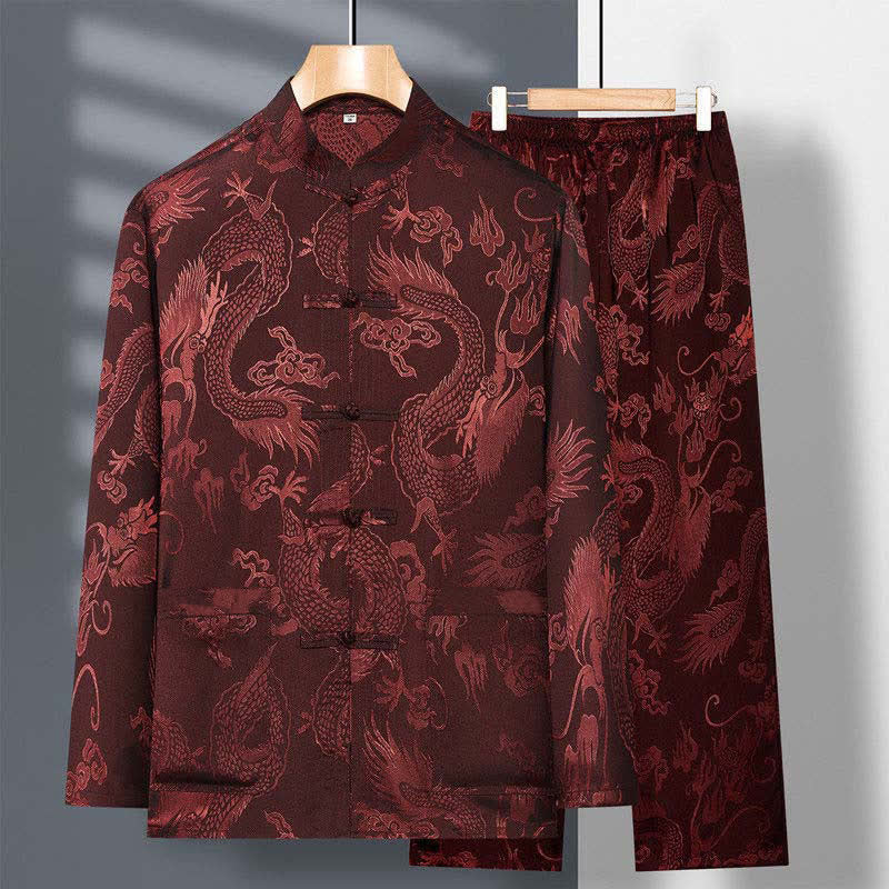 Buddha Stones 2-teiliger Tang-Anzug mit Drachen- und Frosch-Knopfleiste, langärmeliges Hemd und Hose, Bekleidungsset für Herren - Braun - US/ UK/AU42, EU52 (3XL) - image 14