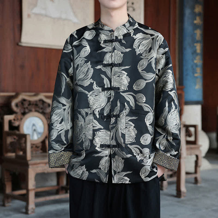 Buddha Stones Herbst/Winter Herrenjacken im Tang-Stil mit Vintage-Stehkragen, Kranichmuster und Tasche - Blumen - US/ UK/AU46, EU56 (5XL) - image 19