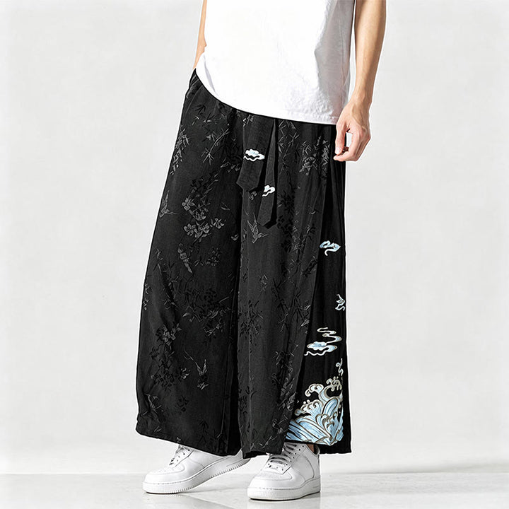 Buddha Stones Frühling/Sommer Tang Style Herrenhose mit Kordelzug, abstrakter Stickerei, kurzem Schnitt, weitem Bein und Tasche - image 2
