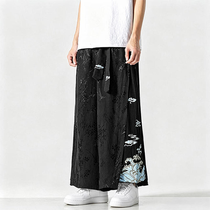 Buddha Stones Frühling/Sommer Tang Style Herrenhose mit Kordelzug, abstrakter Stickerei, kurzem Schnitt, weitem Bein und Tasche - image 5