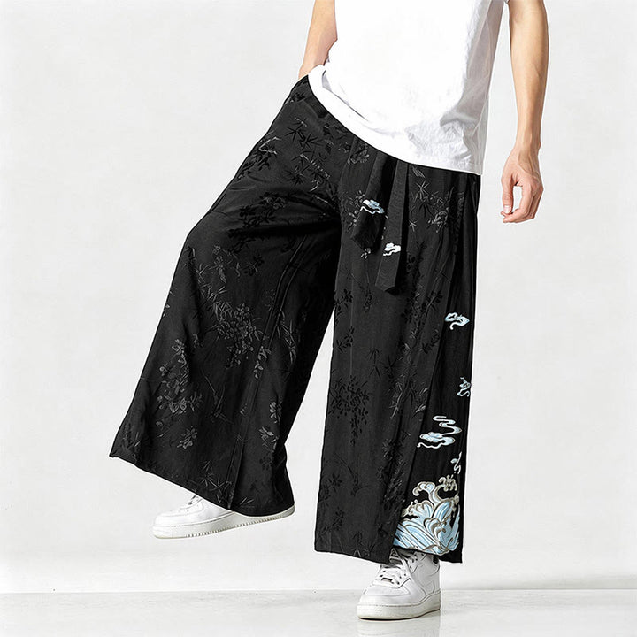 Buddha Stones Frühling/Sommer Tang Style Herrenhose mit Kordelzug, abstrakter Stickerei, kurzem Schnitt, weitem Bein und Tasche - Schwarz - US/ UK/AU46, EU56 (5XL) - image 0