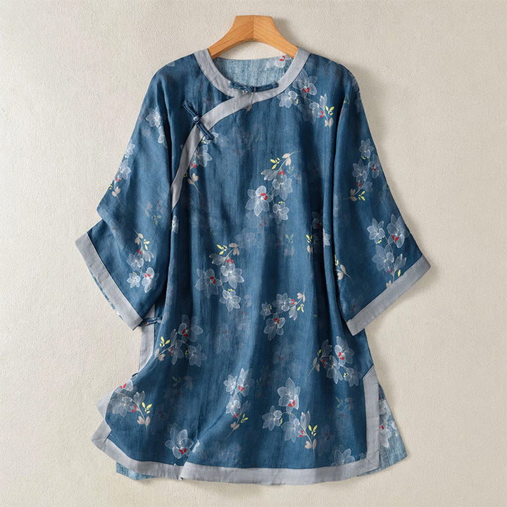 Buddha Stones Frühling/Sommer-Bluse im Tang-Stil mit Vintage-Froschknopf, floralem Muster, aus Baumwoll-Leinen, Damen, Ellbogenlänge - SteelBlue - US12, UK/AU16, EU44 (2XL) - image 0