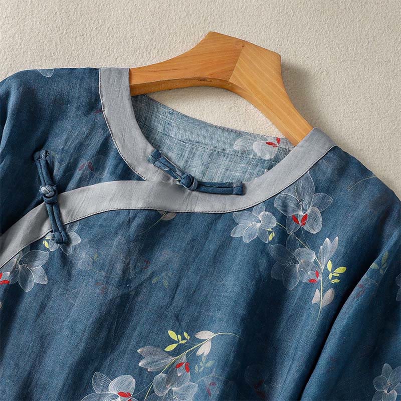 Buddha Stones Frühling/Sommer-Bluse im Tang-Stil mit Vintage-Froschknopf, floralem Muster, aus Baumwoll-Leinen, Damen, Ellbogenlänge - image 3