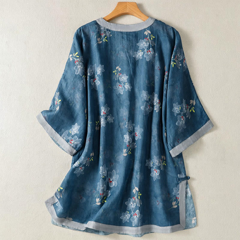 Buddha Stones Frühling/Sommer-Bluse im Tang-Stil mit Vintage-Froschknopf, floralem Muster, aus Baumwoll-Leinen, Damen, Ellbogenlänge - image 1