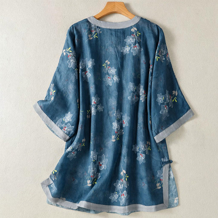 Buddha Stones Frühling/Sommer-Bluse im Tang-Stil mit Vintage-Froschknopf, floralem Muster, aus Baumwoll-Leinen, Damen, Ellbogenlänge - image 1