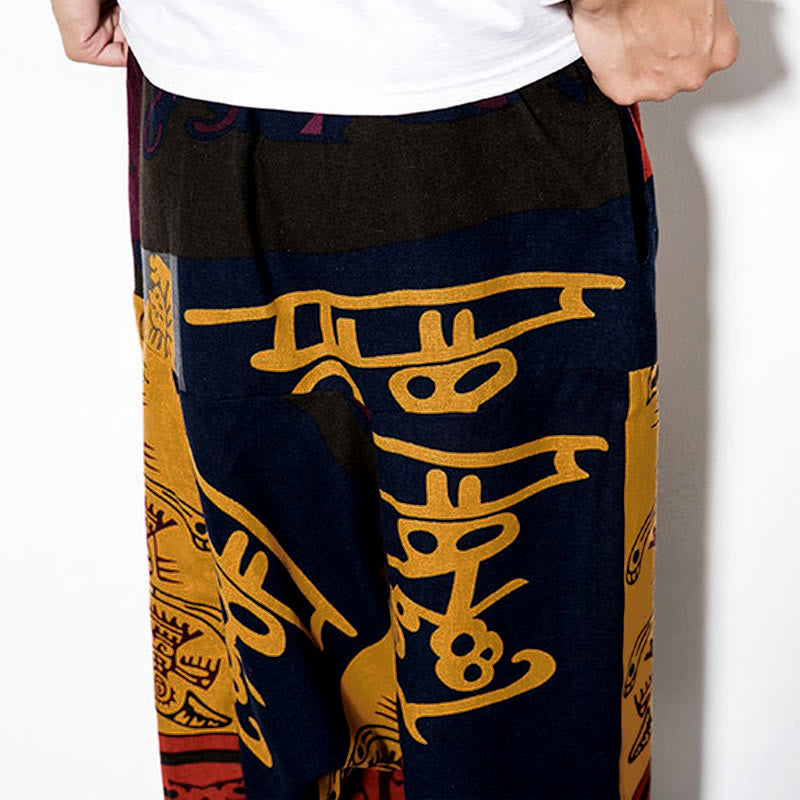 Buddha Stones Rotbraune Herren-Haremshose mit Graffiti-Vogel-Print und Taschen - image 10