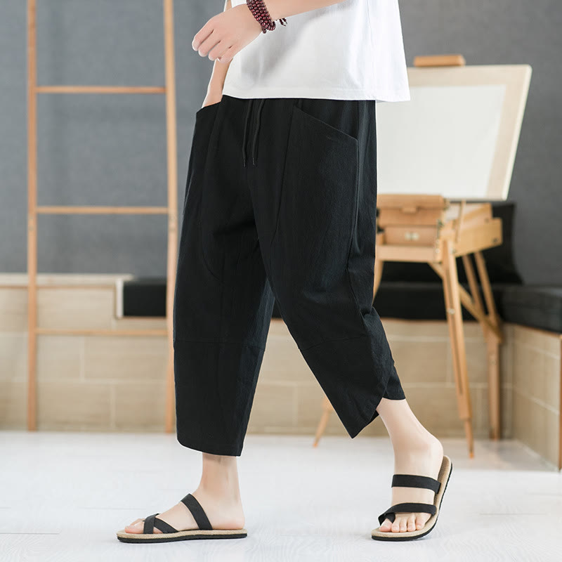 Buddha Stones Sommer-Herrenhose, einfarbig, Länge 7-8, Kordelzug, mit Taschen - Schwarz - US/UK/AU46, EU56 (5XL) - image 6