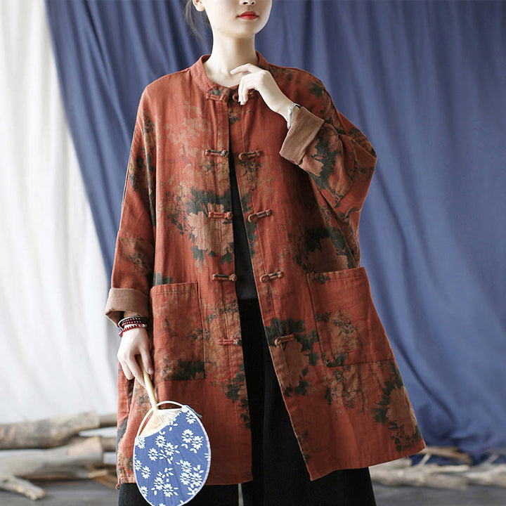 Buddha Stones, orangefarbene Pfingstrosenblume, offene Jacke mit Froschknopfleiste und Taschen - image 19