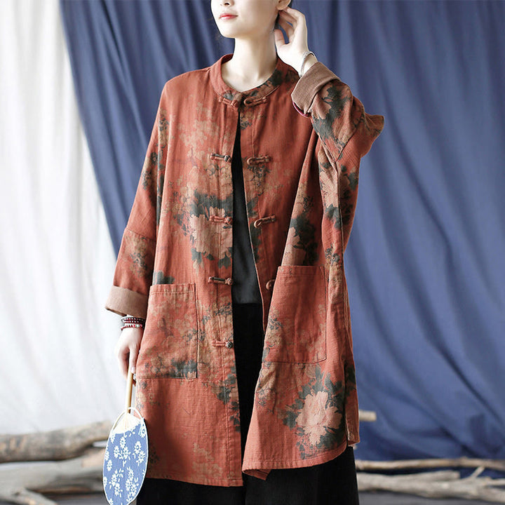 Buddha Stones, orangefarbene Pfingstrosenblume, offene Jacke mit Froschknopfleiste und Taschen - US4-14, UK/AU8-18, EU36-46 (F) - image 0