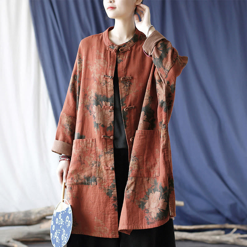 Buddha Stones, orangefarbene Pfingstrosenblume, offene Jacke mit Froschknopfleiste und Taschen - US4-14, UK/AU8-18, EU36-46 (F) - image 0