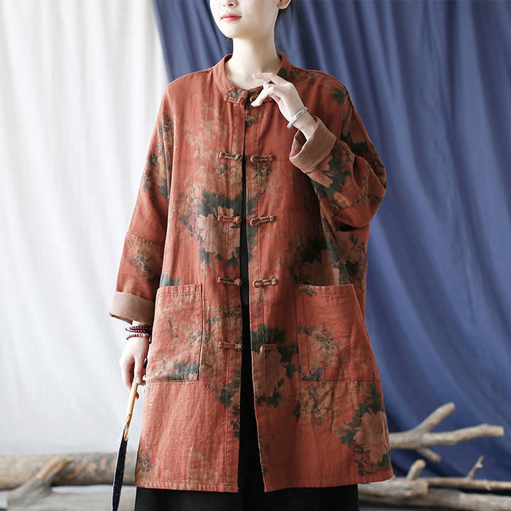 Buddha Stones, orangefarbene Pfingstrosenblume, offene Jacke mit Froschknopfleiste und Taschen - image 18