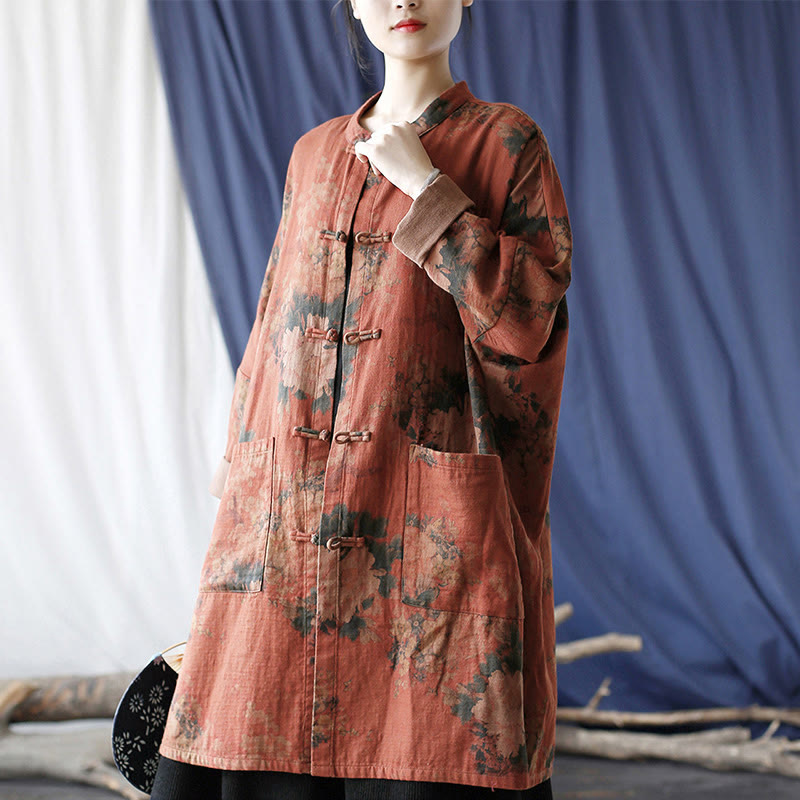 Buddha Stones, orangefarbene Pfingstrosenblume, offene Jacke mit Froschknopfleiste und Taschen - image 5