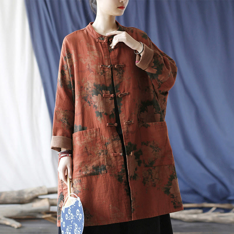 Buddha Stones, orangefarbene Pfingstrosenblume, offene Jacke mit Froschknopfleiste und Taschen - image 1