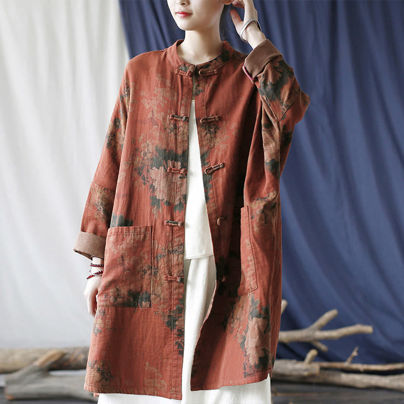 Buddha Stones, orangefarbene Pfingstrosenblume, offene Jacke mit Froschknopfleiste und Taschen - image 25