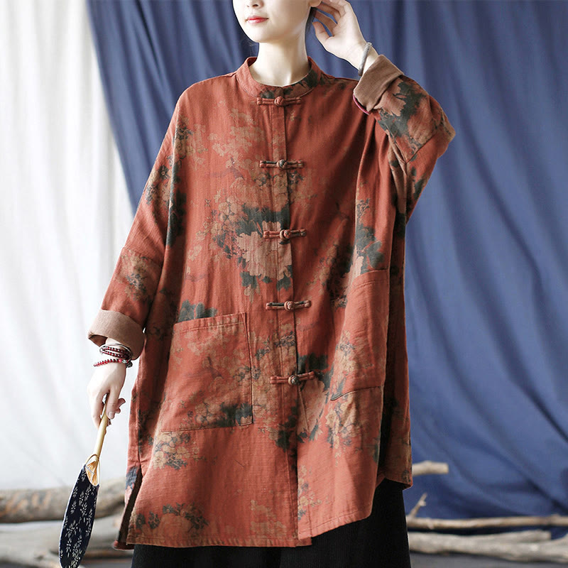 Buddha Stones, orangefarbene Pfingstrosenblume, offene Jacke mit Froschknopfleiste und Taschen - image 21