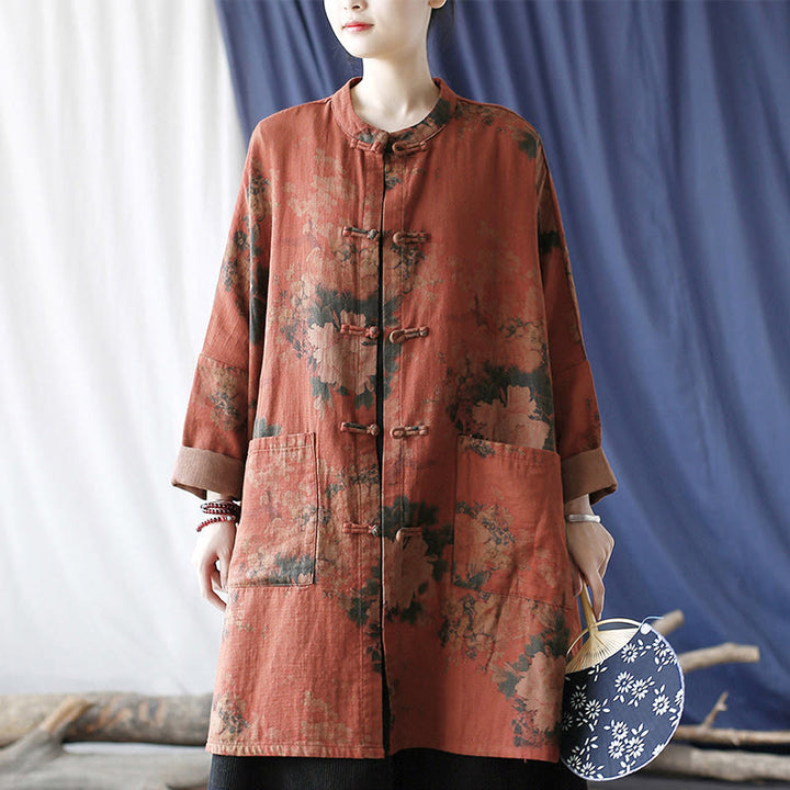 Buddha Stones, orangefarbene Pfingstrosenblume, offene Jacke mit Froschknopfleiste und Taschen - image 22