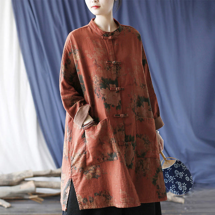 Buddha Stones, orangefarbene Pfingstrosenblume, offene Jacke mit Froschknopfleiste und Taschen - image 24