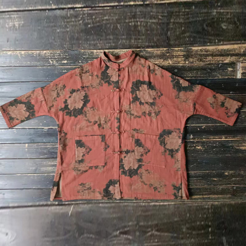 Buddha Stones, orangefarbene Pfingstrosenblume, offene Jacke mit Froschknopfleiste und Taschen - image 12