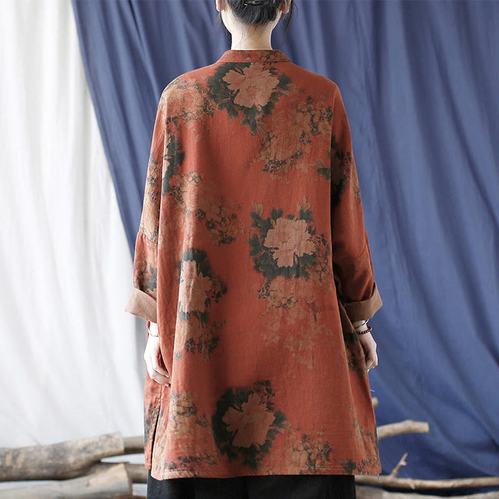 Buddha Stones, orangefarbene Pfingstrosenblume, offene Jacke mit Froschknopfleiste und Taschen - image 3