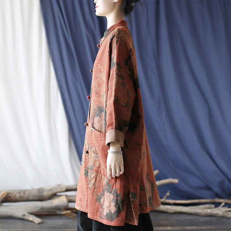 Buddha Stones, orangefarbene Pfingstrosenblume, offene Jacke mit Froschknopfleiste und Taschen - image 4