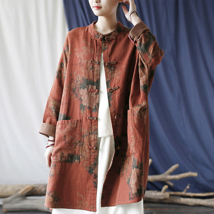 Buddha Stones, orangefarbene Pfingstrosenblume, offene Jacke mit Froschknopfleiste und Taschen - image 25