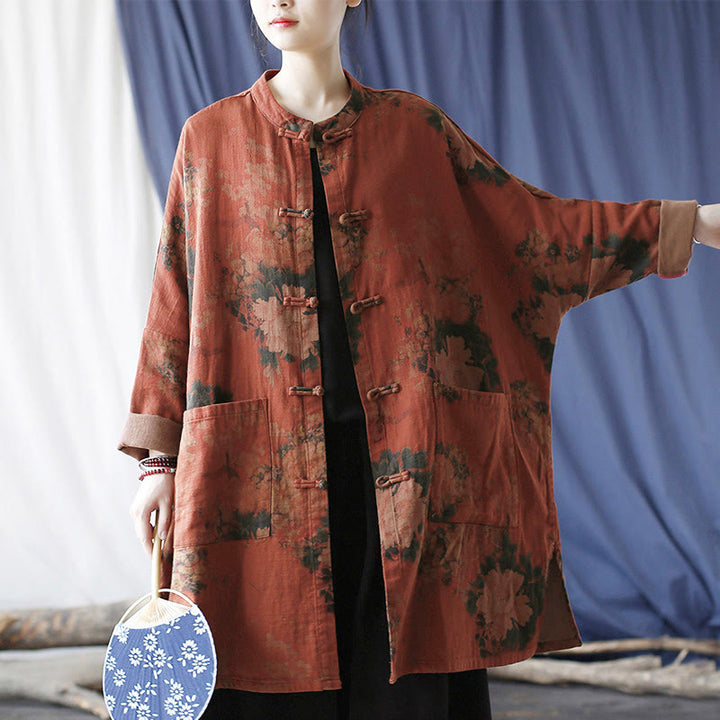 Buddha Stones, orangefarbene Pfingstrosenblume, offene Jacke mit Froschknopfleiste und Taschen - image 14