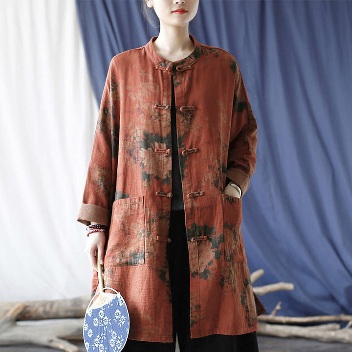 Buddha Stones, orangefarbene Pfingstrosenblume, offene Jacke mit Froschknopfleiste und Taschen - image 16