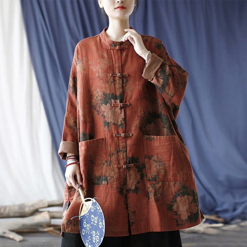 Buddha Stones, orangefarbene Pfingstrosenblume, offene Jacke mit Froschknopfleiste und Taschen - image 17