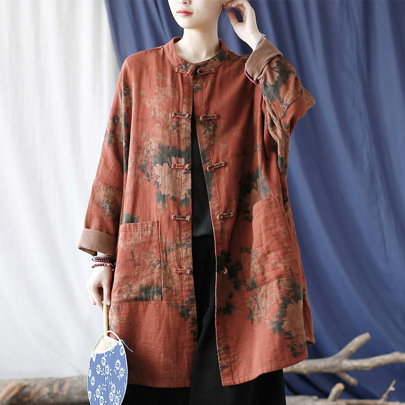 Buddha Stones, orangefarbene Pfingstrosenblume, offene Jacke mit Froschknopfleiste und Taschen - image 20
