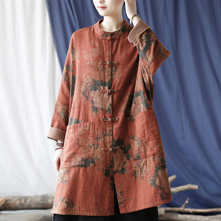 Buddha Stones, orangefarbene Pfingstrosenblume, offene Jacke mit Froschknopfleiste und Taschen - image 23