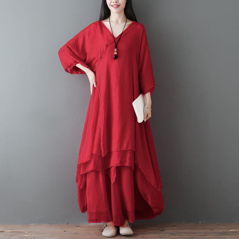 Buddha Stones ​​V-Ausschnitt Midi-Tunikakleid mit weitem Bein, geeignet für Meditation, Zen-Übungen und Tanz - 2-teiliges rotes Set (Kleid & Hose) - US12, UK/AU16, EU44 (2XL) - image 7