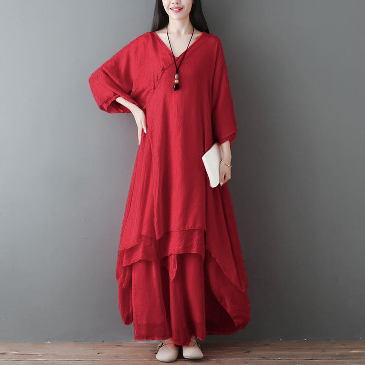 Buddha Stones ​​V-Ausschnitt Midi-Tunikakleid mit weitem Bein, geeignet für Meditation, Zen-Übungen und Tanz - 2-teiliges rotes Set (Kleid & Hose) - US12, UK/AU16, EU44 (2XL) - image 7