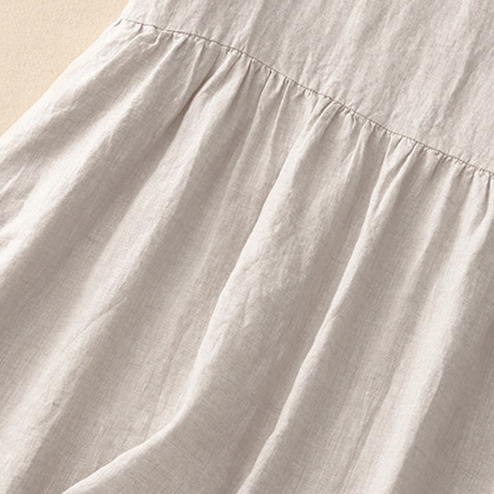 Buddha Stones Lässiges, künstlerisches, einfarbiges, schlichtes Design, hochtailliertes, kurzärmeliges Midikleid mit Taschen - image 3