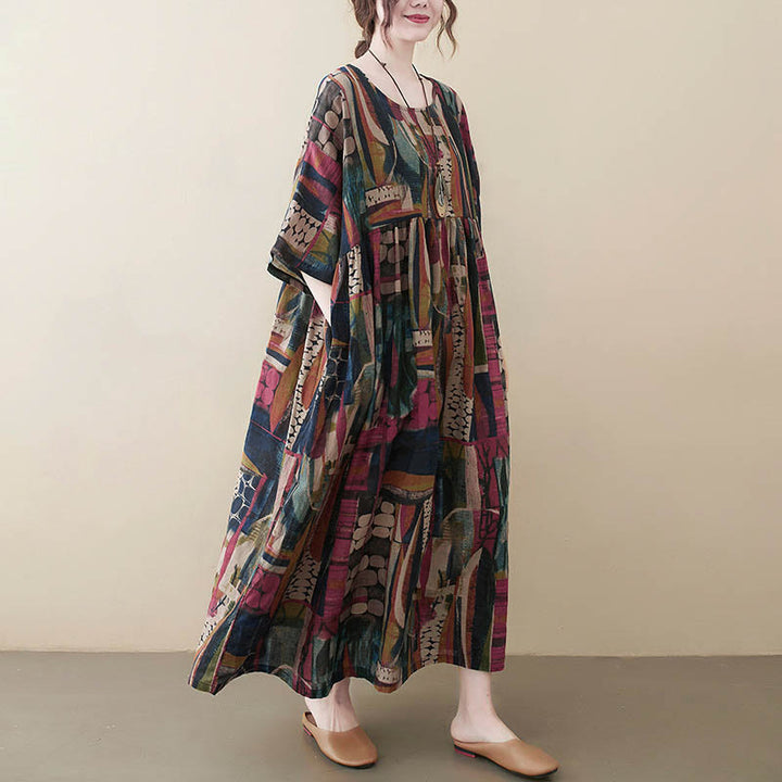 Buddha Stones -Midikleid mit farbenfrohen Grafiken, halben Ärmeln und Taschen - Farbe (nur Kleid) (Brustumfang 142 cm / Saumweite 130 cm / Länge 120 cm) - image 0