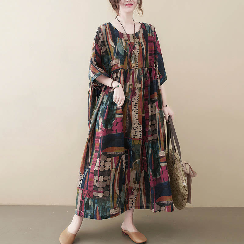 Buddha Stones -Midikleid mit farbenfrohen Grafiken, halben Ärmeln und Taschen - image 1