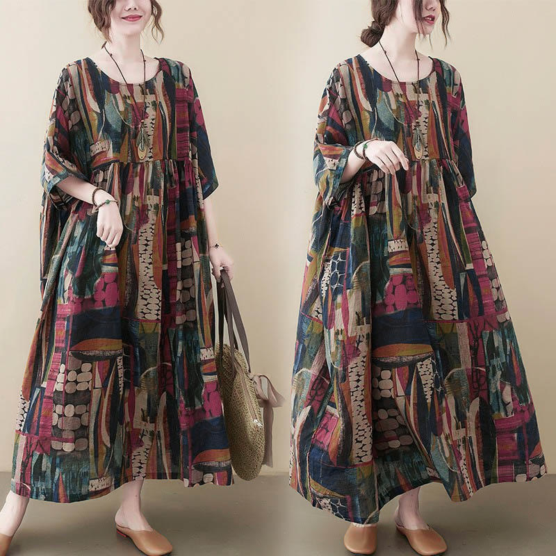Buddha Stones -Midikleid mit farbenfrohen Grafiken, halben Ärmeln und Taschen - image 5