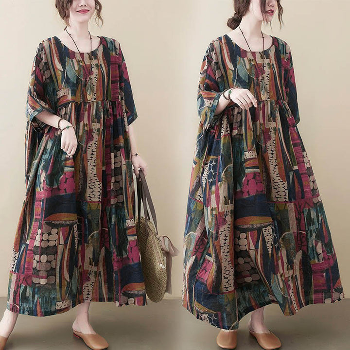 Buddha Stones -Midikleid mit farbenfrohen Grafiken, halben Ärmeln und Taschen - image 5