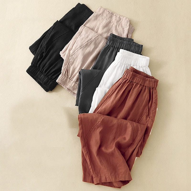 Buddha Stones Lässige, schlichte, knöchellange Leinenhose für Damen mit Taschen - image 30