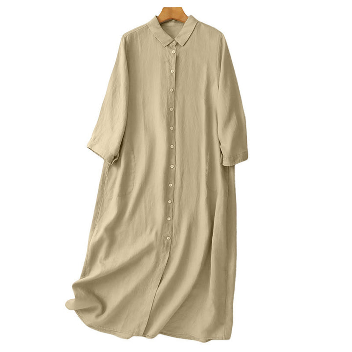 Buddha Stones Herbstkleid mit schlichtem Knopfdesign, langen Ärmeln und knielangem Schnitt sowie Taschen - image 17