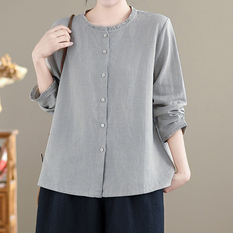 Buddha Stones Frühlings-Damenshirt mit einfarbigem Knopfdesign, Rüschen und Rundhalsausschnitt - image 9
