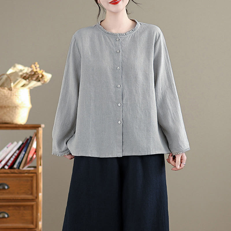 Buddha Stones Frühlings-Damenshirt mit einfarbigem Knopfdesign, Rüschen und Rundhalsausschnitt - image 12