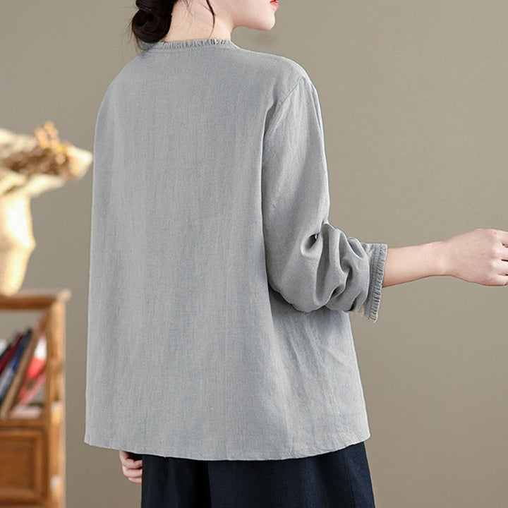 Buddha Stones Frühlings-Damenshirt mit einfarbigem Knopfdesign, Rüschen und Rundhalsausschnitt - image 8