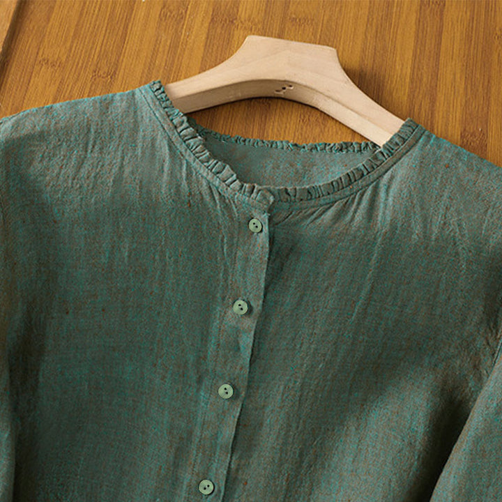 Buddha Stones Frühlings-Damenshirt mit einfarbigem Knopfdesign, Rüschen und Rundhalsausschnitt - image 1