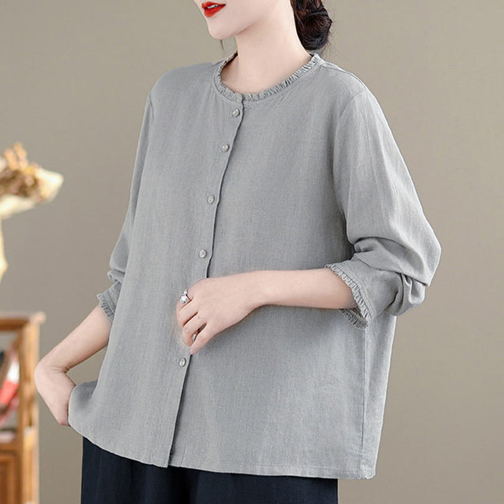 Buddha Stones Frühlings-Damenshirt mit einfarbigem Knopfdesign, Rüschen und Rundhalsausschnitt - image 11