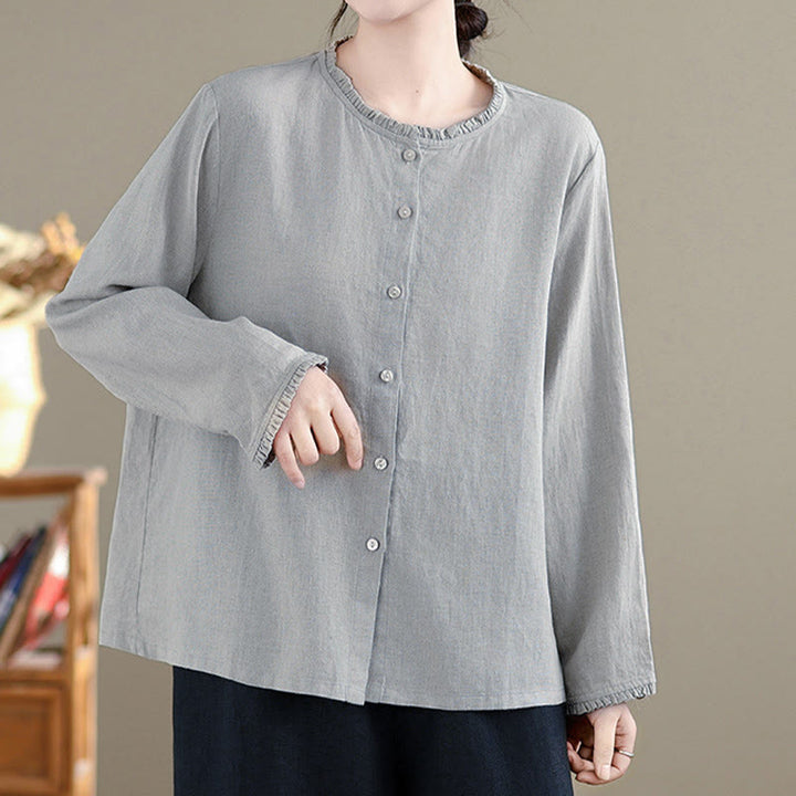Buddha Stones Frühlings-Damenshirt mit einfarbigem Knopfdesign, Rüschen und Rundhalsausschnitt - image 10