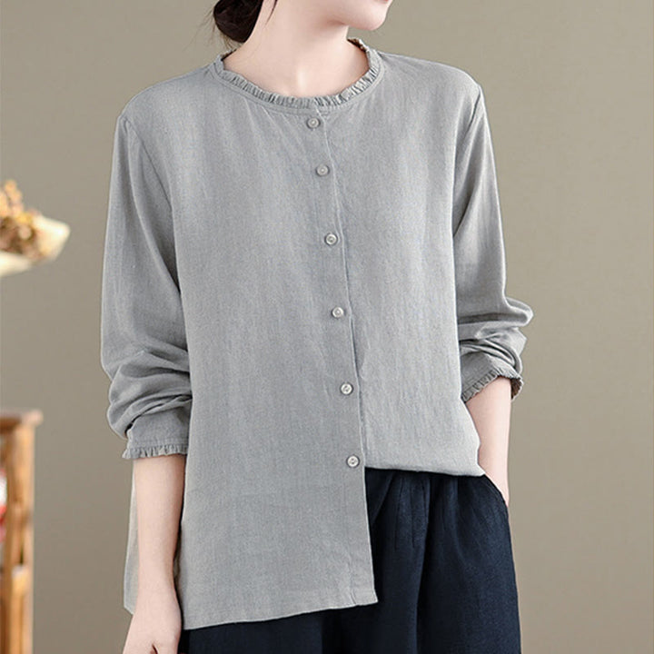 Buddha Stones Frühlings-Damenshirt mit einfarbigem Knopfdesign, Rüschen und Rundhalsausschnitt - image 7