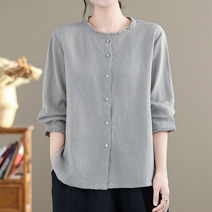 Buddha Stones Frühlings-Damenshirt mit einfarbigem Knopfdesign, Rüschen und Rundhalsausschnitt - image 6