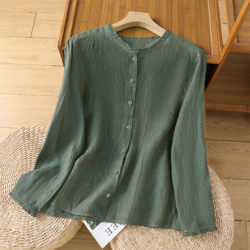 Buddha Stones Frühlings-Damenshirt mit einfarbigem Knopfdesign, Rüschen und Rundhalsausschnitt - SeaGreen - US14, UK/AU18, EU46 (2XL) - image 0